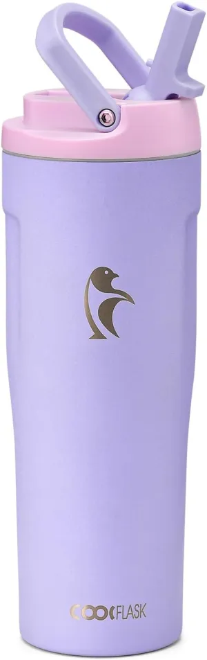 Coolflask 32 oz Insulated Water Bottle, Slim Tumblers with Straw Lid & Handle, Fits Car Cup Holder, Stainless Steel Thermo Flask for Sports, Gym, Travel, Office, Dishwasher Safe, Lavender