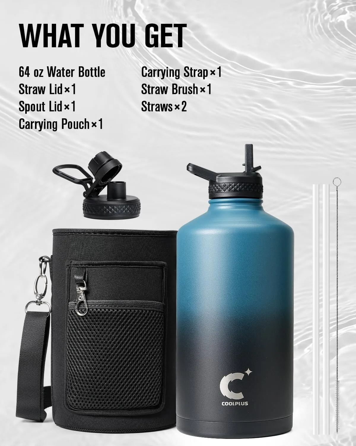 Coolplus Gallon Water bottle insulated with straw, Water Jug 128 oz Stainless Steel Double-Walled Vacuum Metal Large Flask With Carry Sleeve Bpa-Free Leakproof, Keep Cold 48 Hrs, Blue Black