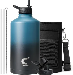 Coolplus Gallon Water bottle insulated with straw, Water Jug 128 oz Stainless Steel Double-Walled Vacuum Metal Large Flask With Carry Sleeve Bpa-Free Leakproof, Keep Cold 48 Hrs, Blue Black