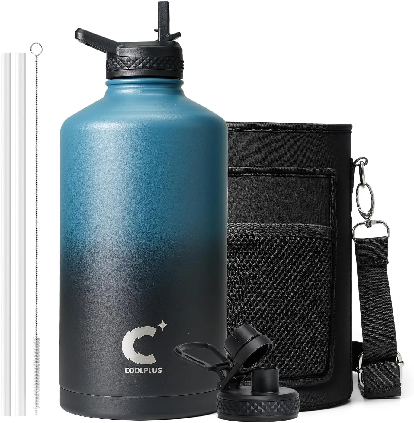Coolplus Gallon Water bottle insulated with straw, Water Jug 128 oz Stainless Steel Double-Walled Vacuum Metal Large Flask With Carry Sleeve Bpa-Free Leakproof, Keep Cold 48 Hrs, Blue Black