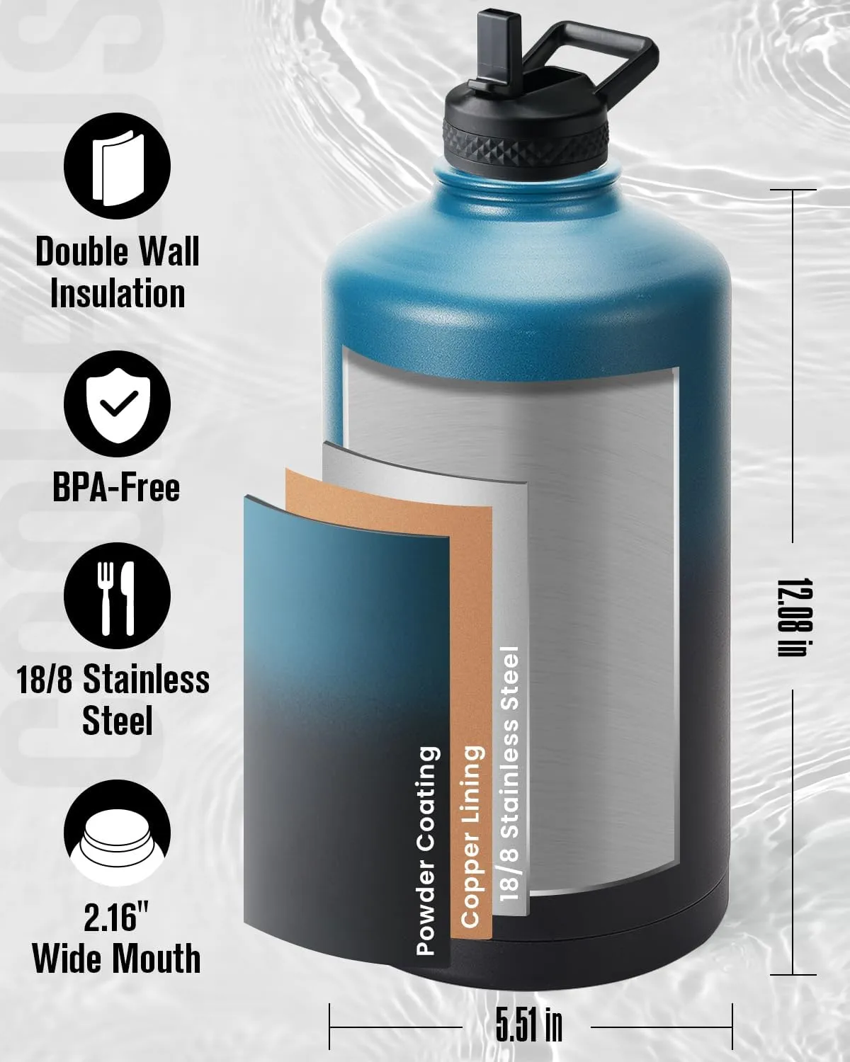 Coolplus Gallon Water bottle insulated with straw, Water Jug 128 oz Stainless Steel Double-Walled Vacuum Metal Large Flask With Carry Sleeve Bpa-Free Leakproof, Keep Cold 48 Hrs, Blue Black