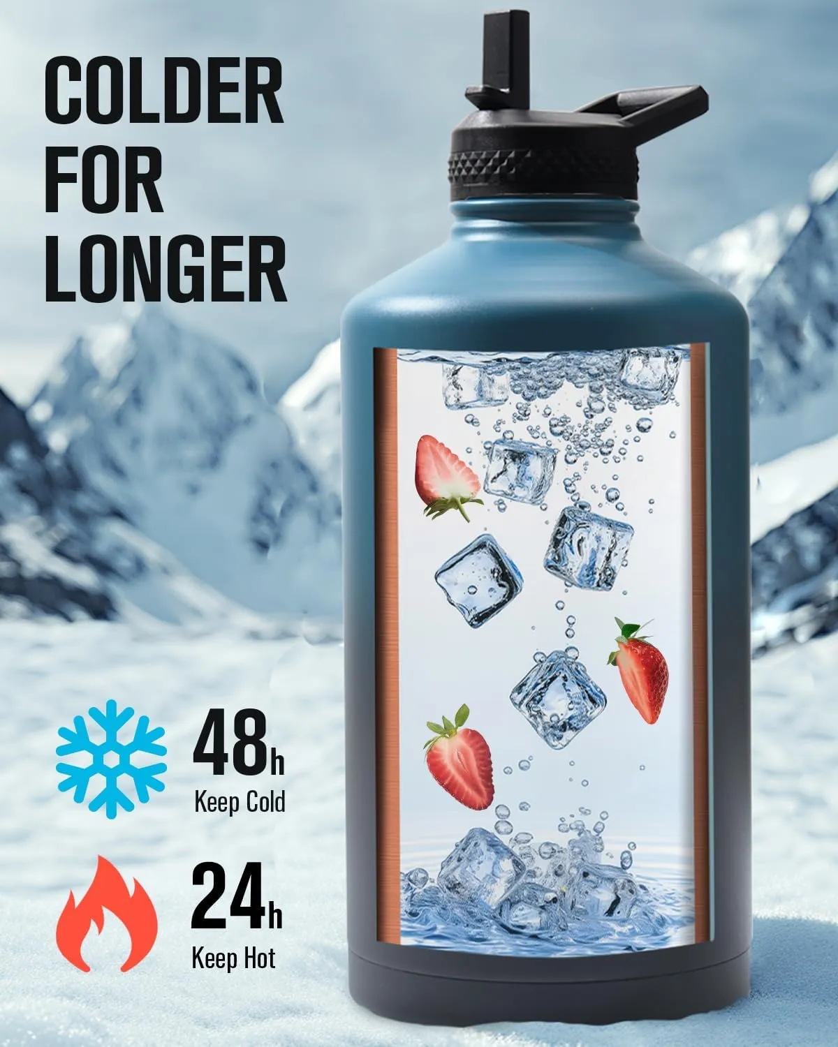 Coolplus Gallon Water bottle insulated with straw, Water Jug 128 oz Stainless Steel Double-Walled Vacuum Metal Large Flask With Carry Sleeve Bpa-Free Leakproof, Keep Cold 48 Hrs, Blue Black