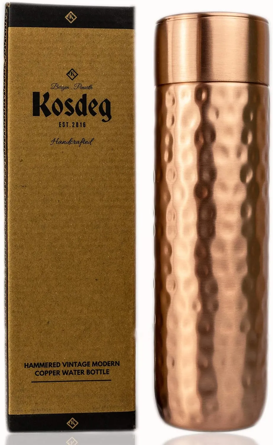 Copper Water Bottle - 16oz Hammered Vintage Modern Design - An Ayurvedic Pure Copper Vessel For Drinking - Drink More Water, Lower Your Sugar Intake And Enjoy The Health Benefits Immediately