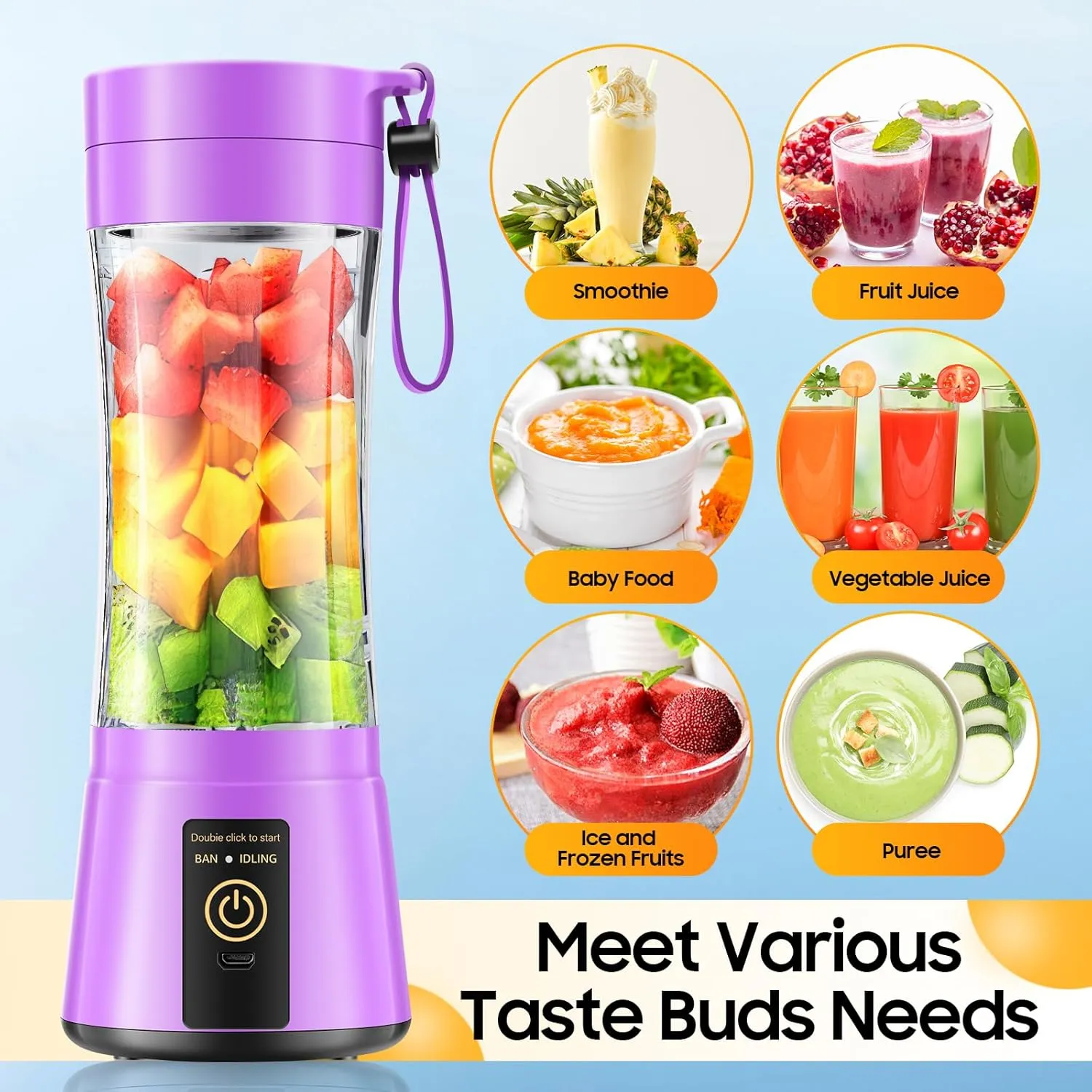 Cordless Portable Personal Size Blender - Mini Blender Make Smoothies and Shakes, 380Ml BPA Free Travel Cup, Powerful Blending Suit in Office/Home/Gym