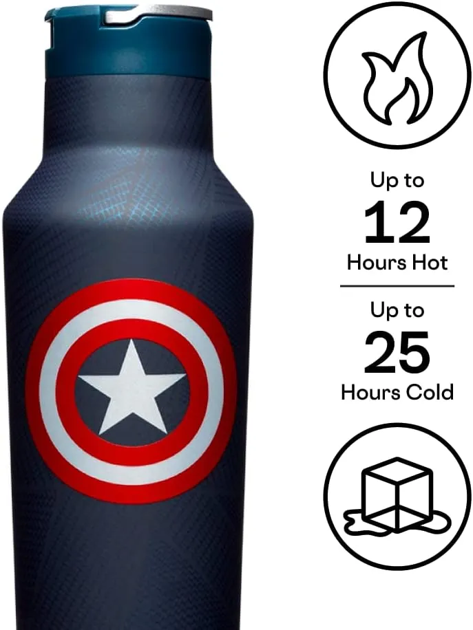 Corkcicle x Marvel Captain America Sport Canteen Insulated Tumbler, 20 oz – Reusable Water Bottle Keeps Beverages Cold for 25 Hours & Hot 12 Hours – Cupholder Friendly Tumbler with Screw-On Cap
