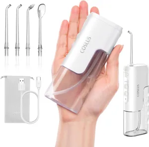 COSLUS Mini Water Flosser for Travel: Portable Compact Design, Cordless Oral Irrigator with 4 Jet Tips Storable, IPX7 Waterproof for Braces, Orthodontic, Sensitive Gums Outing & Home, White, T40