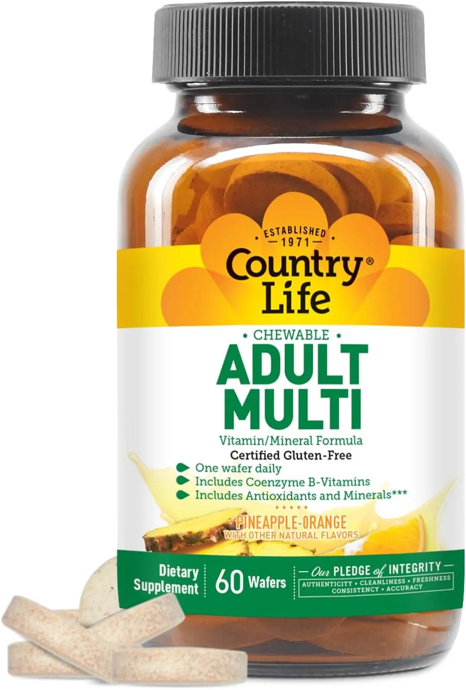Country Life Adult Chewable Multivitamin with Coenzyme B-Vitamins, Antioxidants, Minerals, Pineapple-Orange Flavor - Supports Energy Metabolism and Immune Health, Gluten Free - 60 Wafers