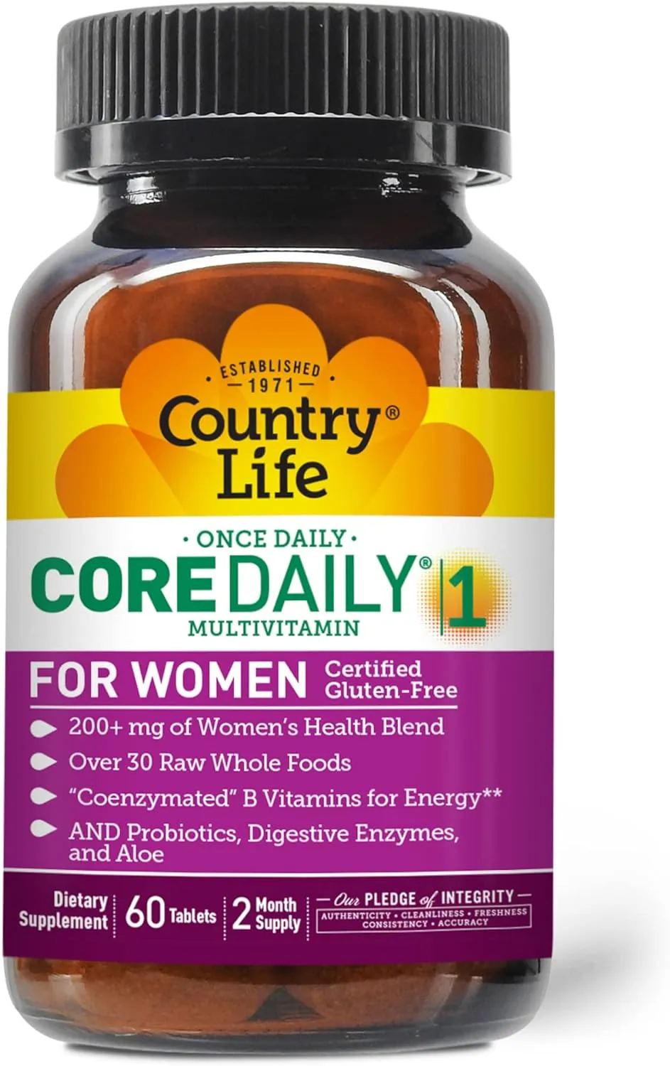 Country Life Women’s Core 1 Daily Multivitamin with Iron, Cranberry, Probiotics, and Digestive Enzymes-Certified Gluten-Free Formula for Energy, Immune Support and Complete Digestive Health,60 Tablets