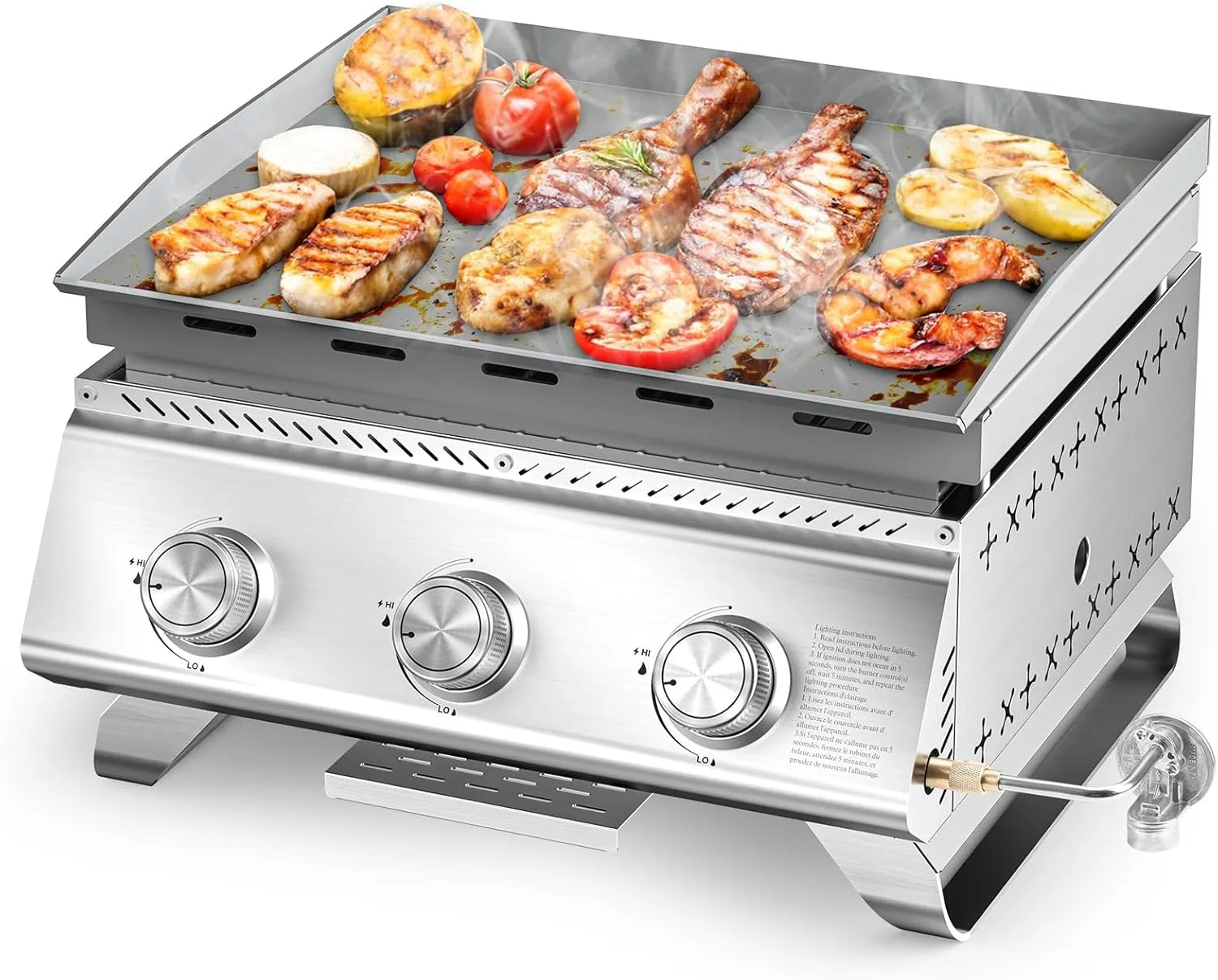 COWSAR Stainless Steel Portable Grill with 3 Burners, 24 Inch Tabletop Gas Grill with Cooking Grate for Camping, Outdoor Cooking, Patio&Garden