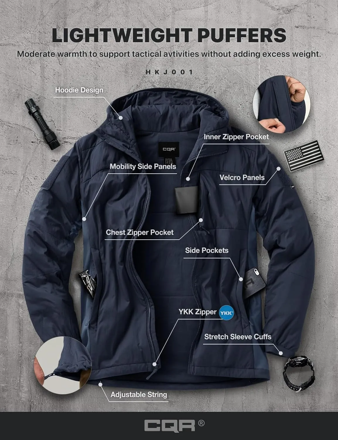 CQR Men's Insulated Hooded Tactical Jacket, Lightweight Mid-Layer Warm Hoodie, Water Resistant Full Zip Hiking Work Coat
