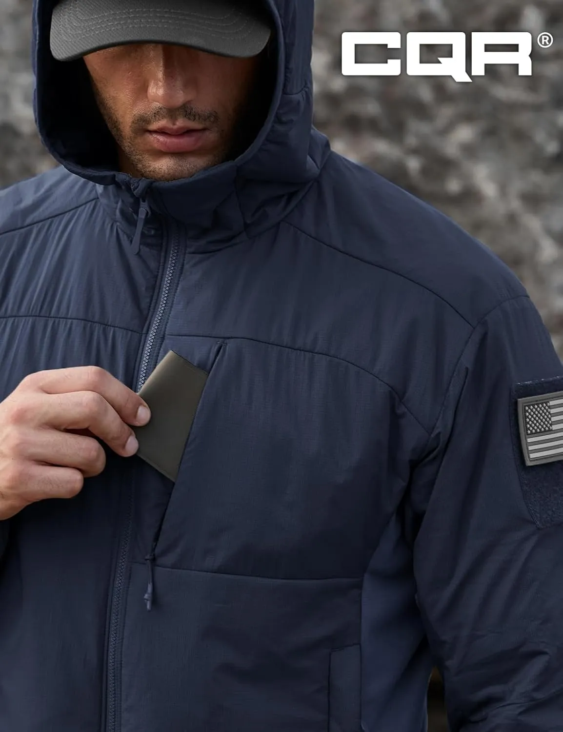 CQR Men's Insulated Hooded Tactical Jacket, Lightweight Mid-Layer Warm Hoodie, Water Resistant Full Zip Hiking Work Coat