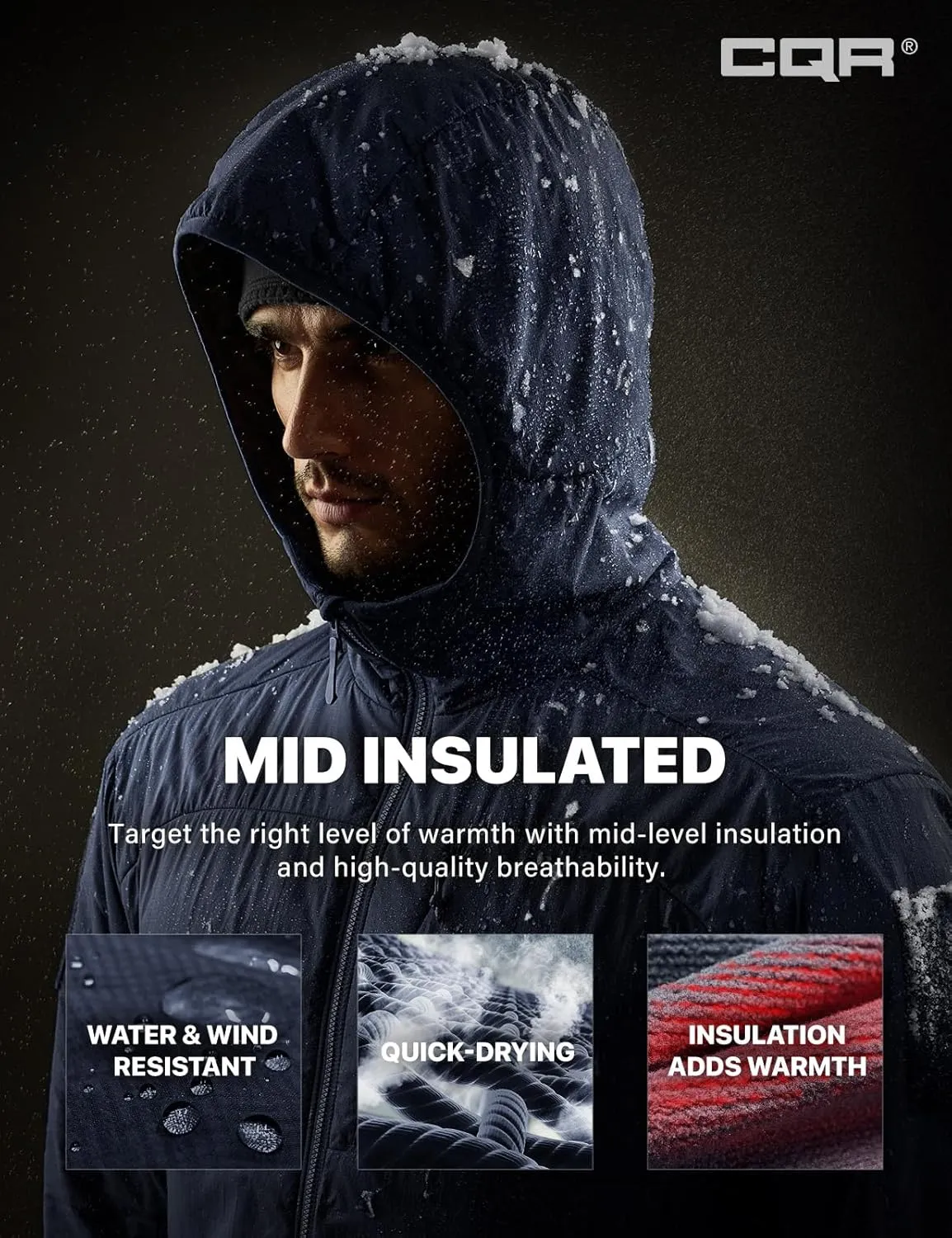 CQR Men's Insulated Hooded Tactical Jacket, Lightweight Mid-Layer Warm Hoodie, Water Resistant Full Zip Hiking Work Coat