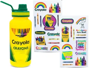 Crayola Crayon Box Retro-Style Twist Spout Plastic Water Bottle Jug and Sticker Set For Personalizing | Holds 32 Ounces