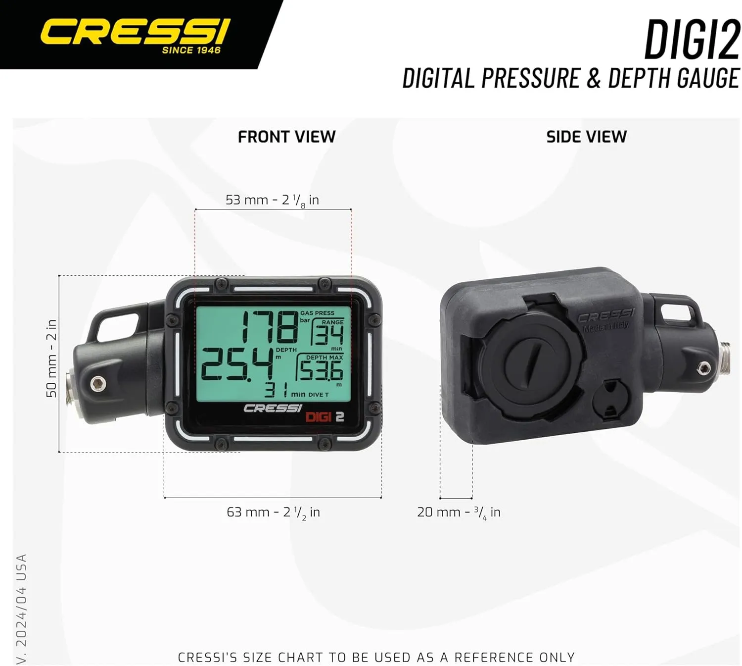 Cressi Scuba Diving Pressure Gauge and Depth Gauge - Easy to Read and Carry - Digi2: Made in Italy