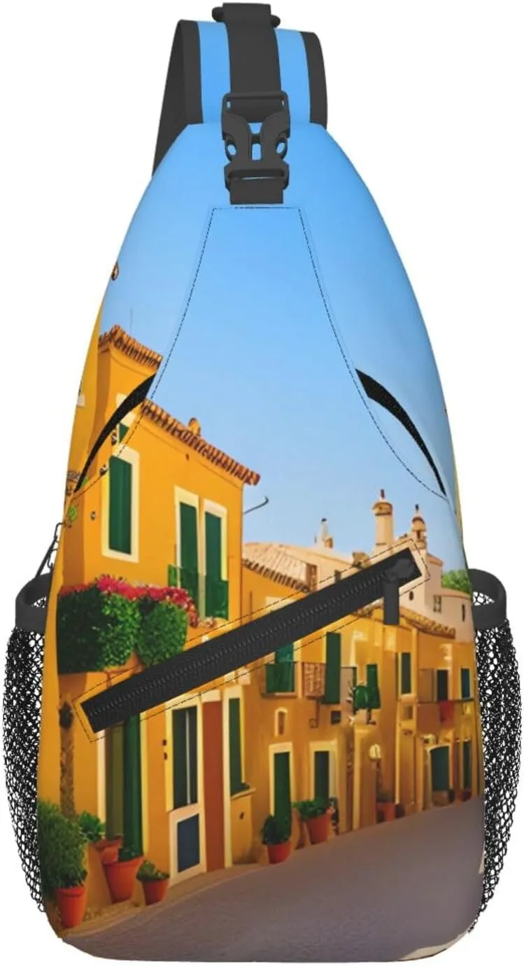 Cross Chest Bag Diagonally - Quality, Durable, and Spacious Shoulder Bag for Men and Women Mediterranean Street with Houses Prints