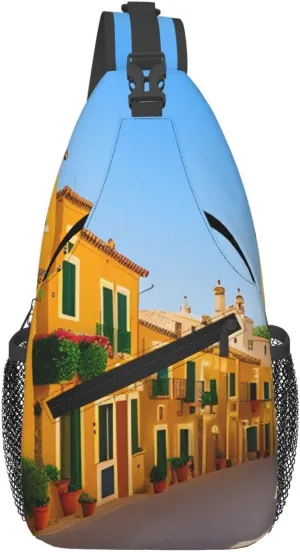 Cross Chest Bag Diagonally - Quality, Durable, and Spacious Shoulder Bag for Men and Women Mediterranean Street with Houses Prints
