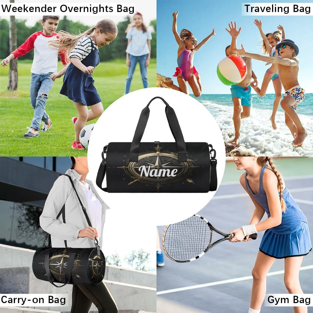 Custom Dance Duffel Bag Sport Backpacks Gyms and Weekend Overnight Travel Duffle Bag Birthday Christmas Halloween Waterproof, Compass Pattern