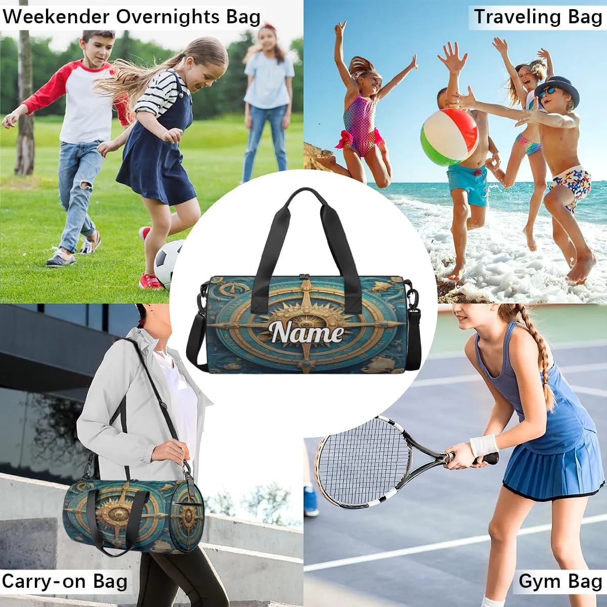 Custom Dance Duffel Bag Sport Backpacks Gyms and Weekend Overnight Travel Duffle Bag Birthday Christmas Halloween Waterproof, Compass Printed