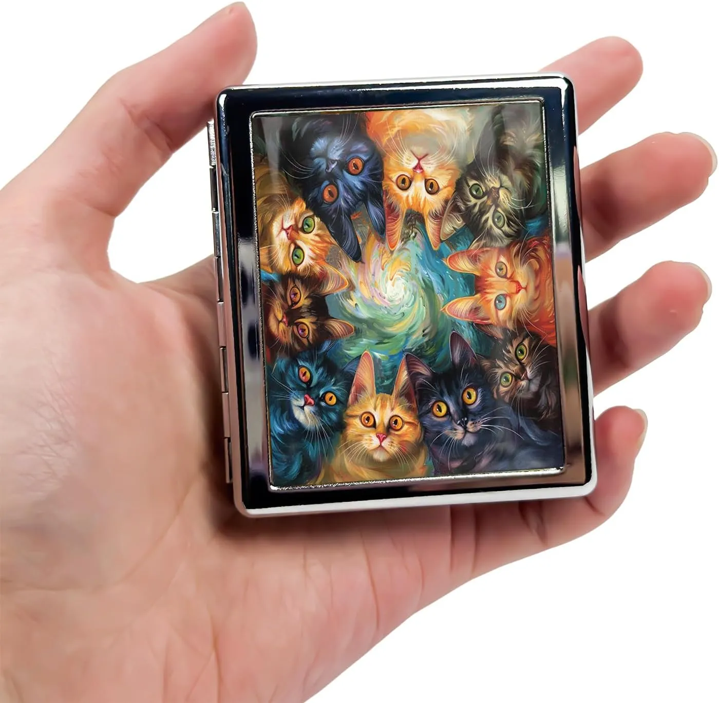 Cute Travel Pill Box Organizer with 8 Compartments - Compact and Fashionable Pill Case with Mirror - Ideal for Medications (Cat Whirl)