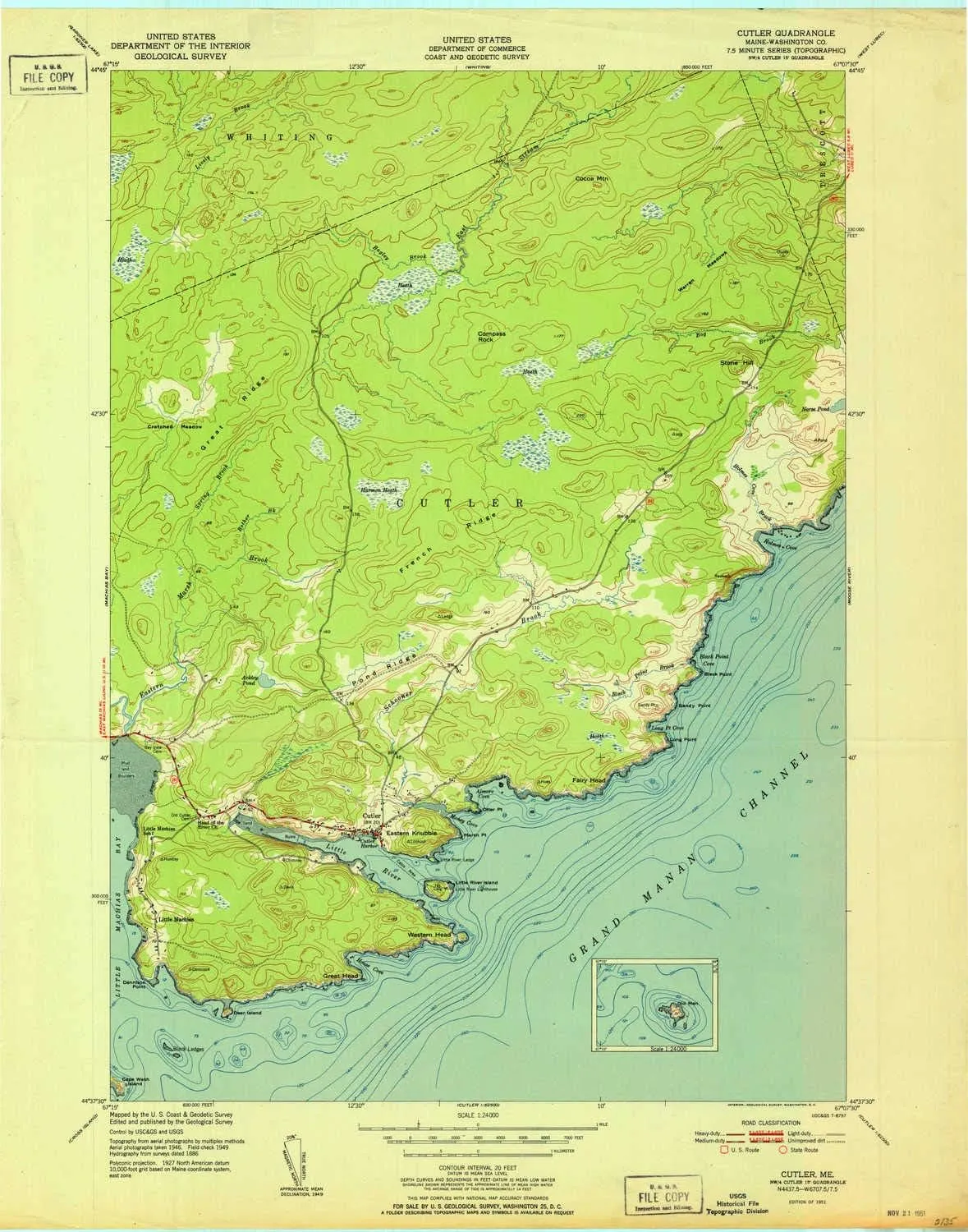 Cutler ME topo map, 1:24000 Scale, 7.5 X 7.5 Minute, Historical, 1951, 27.2 x 21.4 in