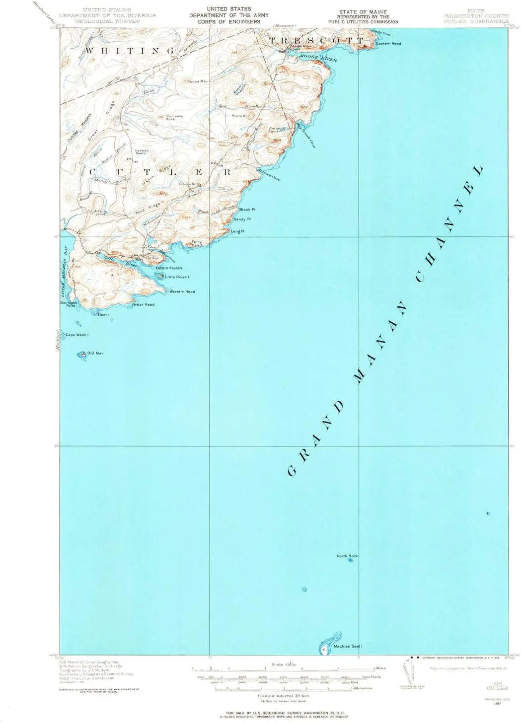Cutler ME topo map, 1:62500 Scale, 15 X 15 Minute, Historical, 1917, Updated 1965, 20.8 x 16.9 in