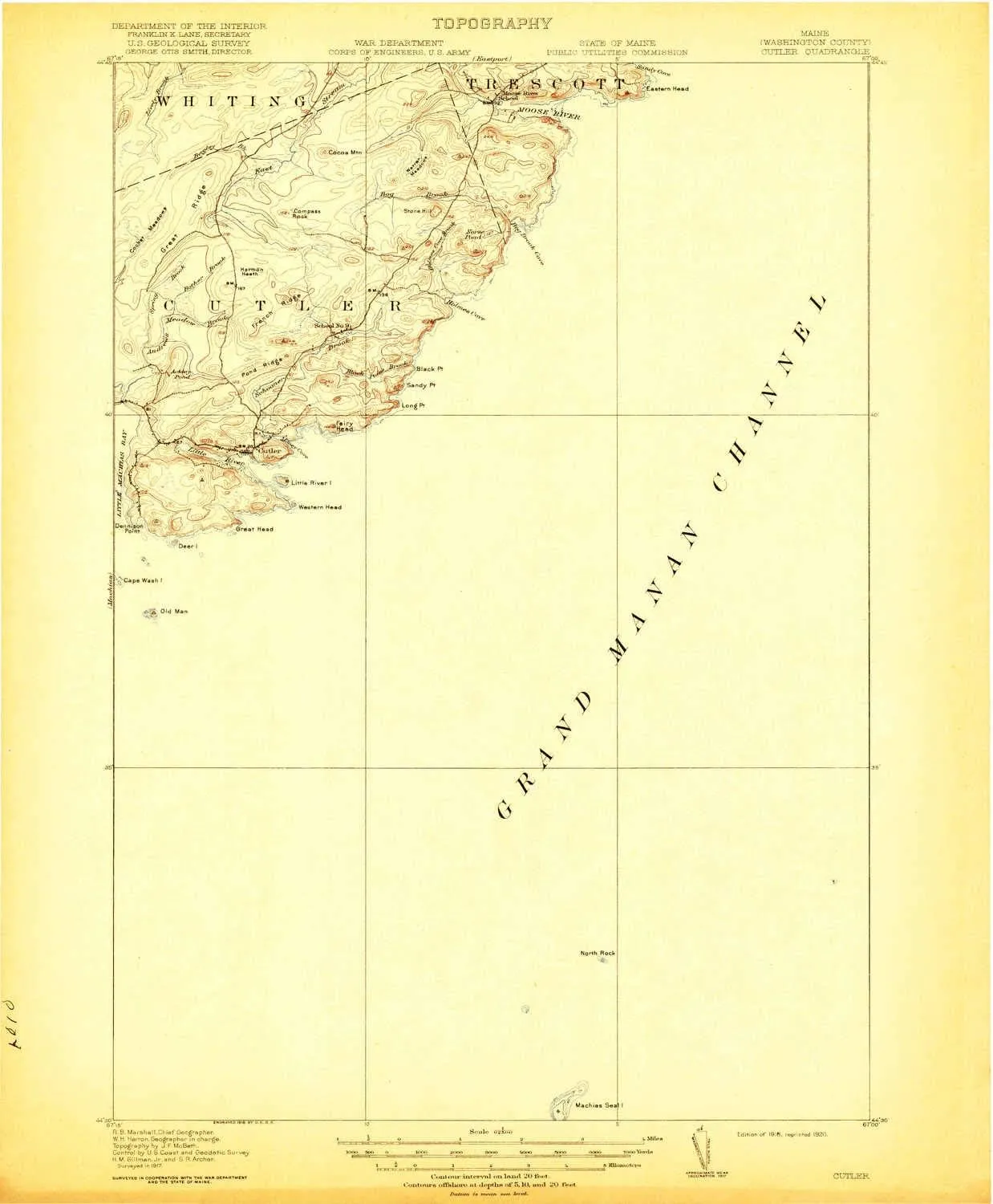 Cutler ME topo map, 1:62500 Scale, 15 X 15 Minute, Historical, 1918, Updated 1920, 19.9 x 16.5 in