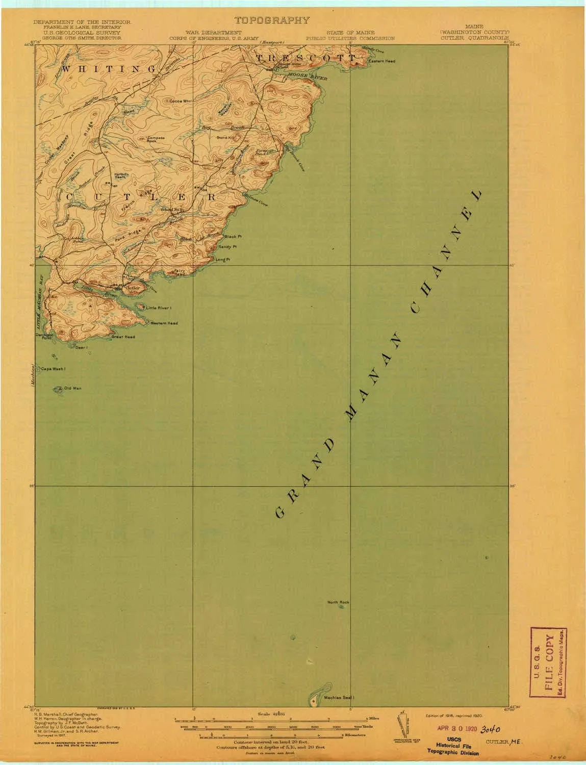 Cutler ME topo map, 1:62500 Scale, 15 X 15 Minute, Historical, 1918, Updated 1920, 20.2 x 15.5 in