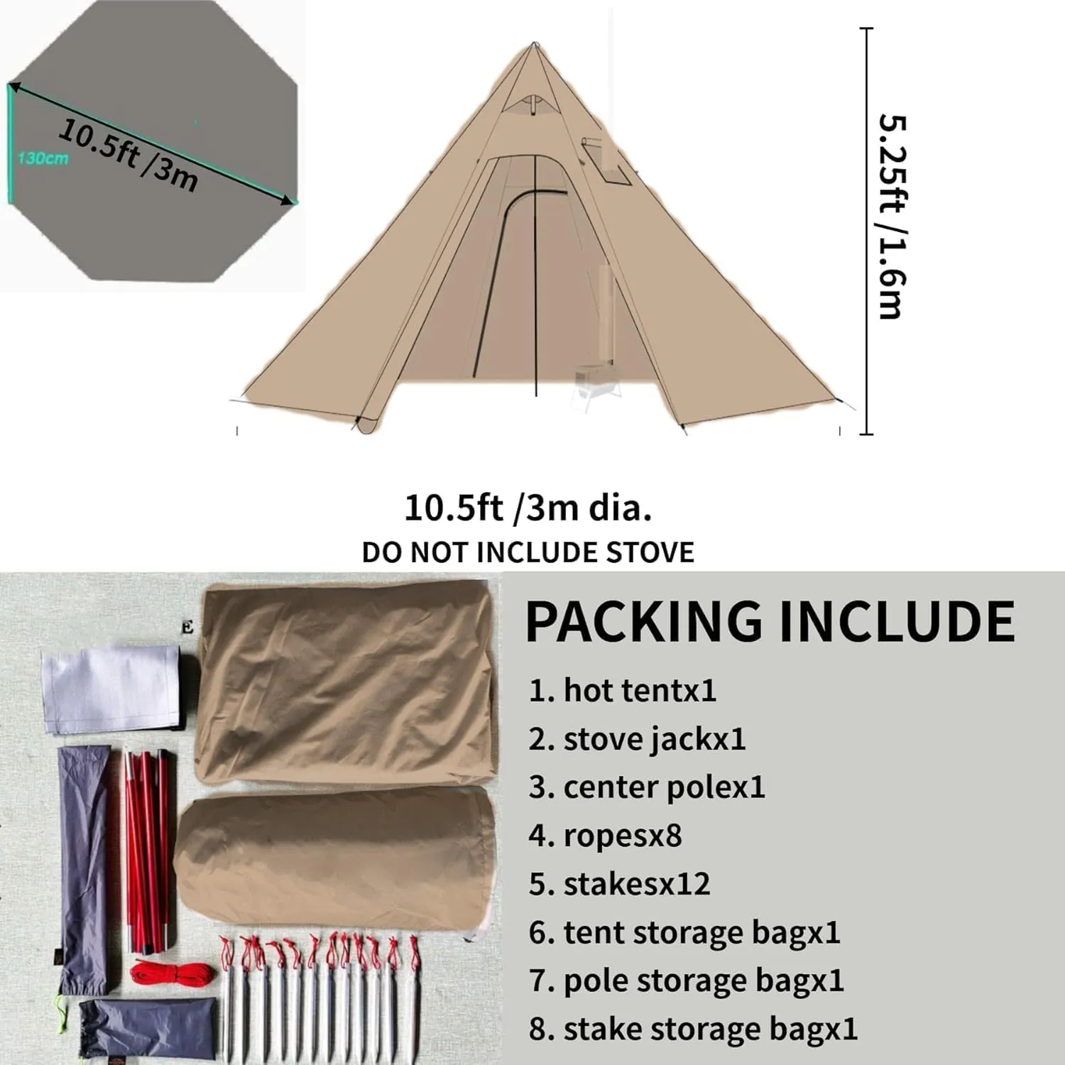 DANCHEL OUTDOOR Backpacking Hot Tent with Stove Jack for 2/4 Person Camping, 4 Season Lighweight Teepee Tent for Hunting Winter Solo Camping,10.5ft/13ft