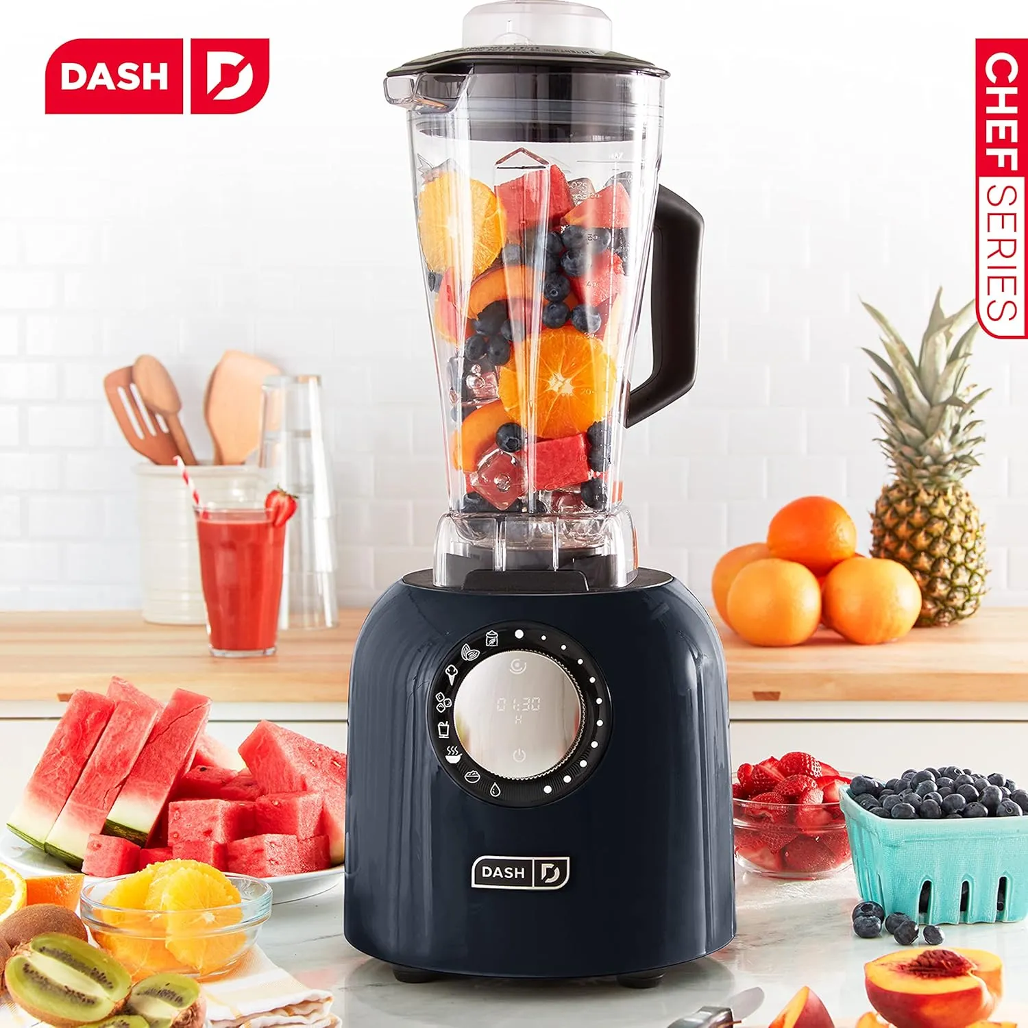 Dash Chef Series Deluxe Digital 64 oz Countertop Blender, with Stainless Steel Blades, Tritan Blending Jug, Tablet Stand & USB Charging Port, for Smoothies, Nut Butters, Purees, Soup and More - Black