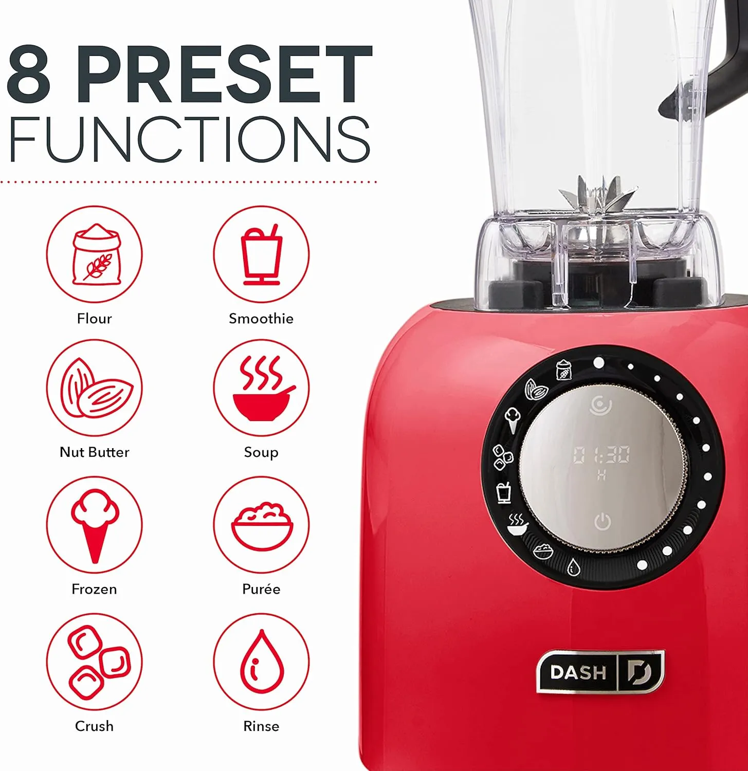 Dash Chef Series Deluxe Digital 64 oz Countertop Blender, with Stainless Steel Blades, Tritan Blending Jug, Tablet Stand & USB Charging Port, for Smoothies, Nut Butters, Purees, Soup and More - Red