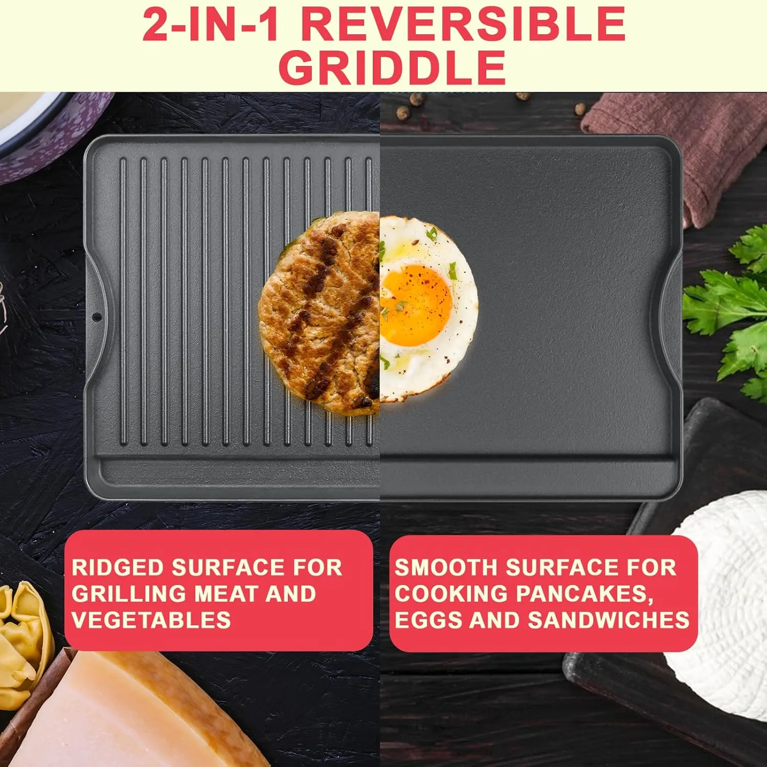 DcYourHome Cast Iron Griddle for Camp Chef Explorer 2/3-Burner, Single Burner, 3X,2X Stove,Reversible Griddle Pan for All Camp Chef 14" x 16" & Most Outdoor Cooking Charcoal/Gas/Propane/Electric Grill