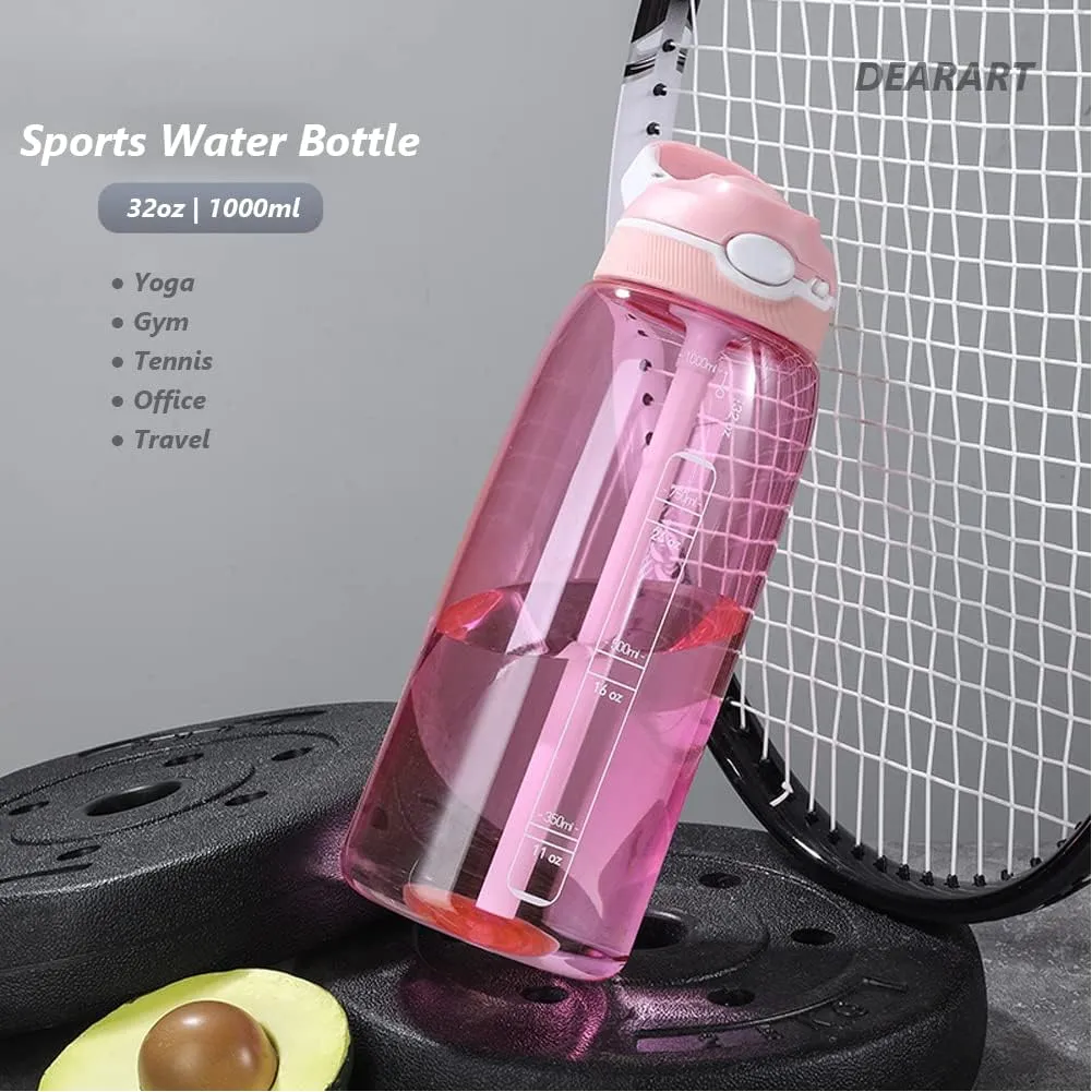 DEARART 32oz Water Bottle With Straw Has Handle AUTOSEAL BPA FREE, Clear Bottles Flip Up Lid, Suit Office Sports Travel for Women Girls, Pink.