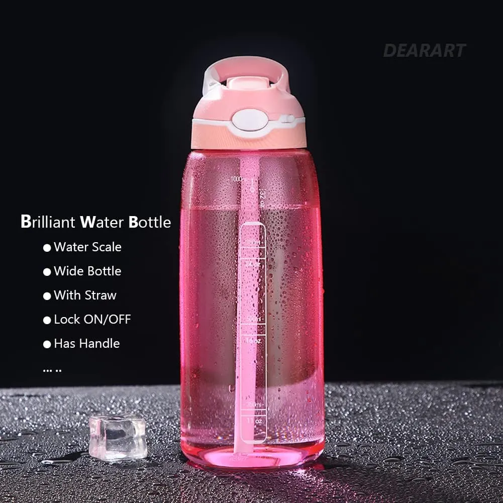 DEARART 32oz Water Bottle With Straw Has Handle AUTOSEAL BPA FREE, Clear Bottles Flip Up Lid, Suit Office Sports Travel for Women Girls, Pink.