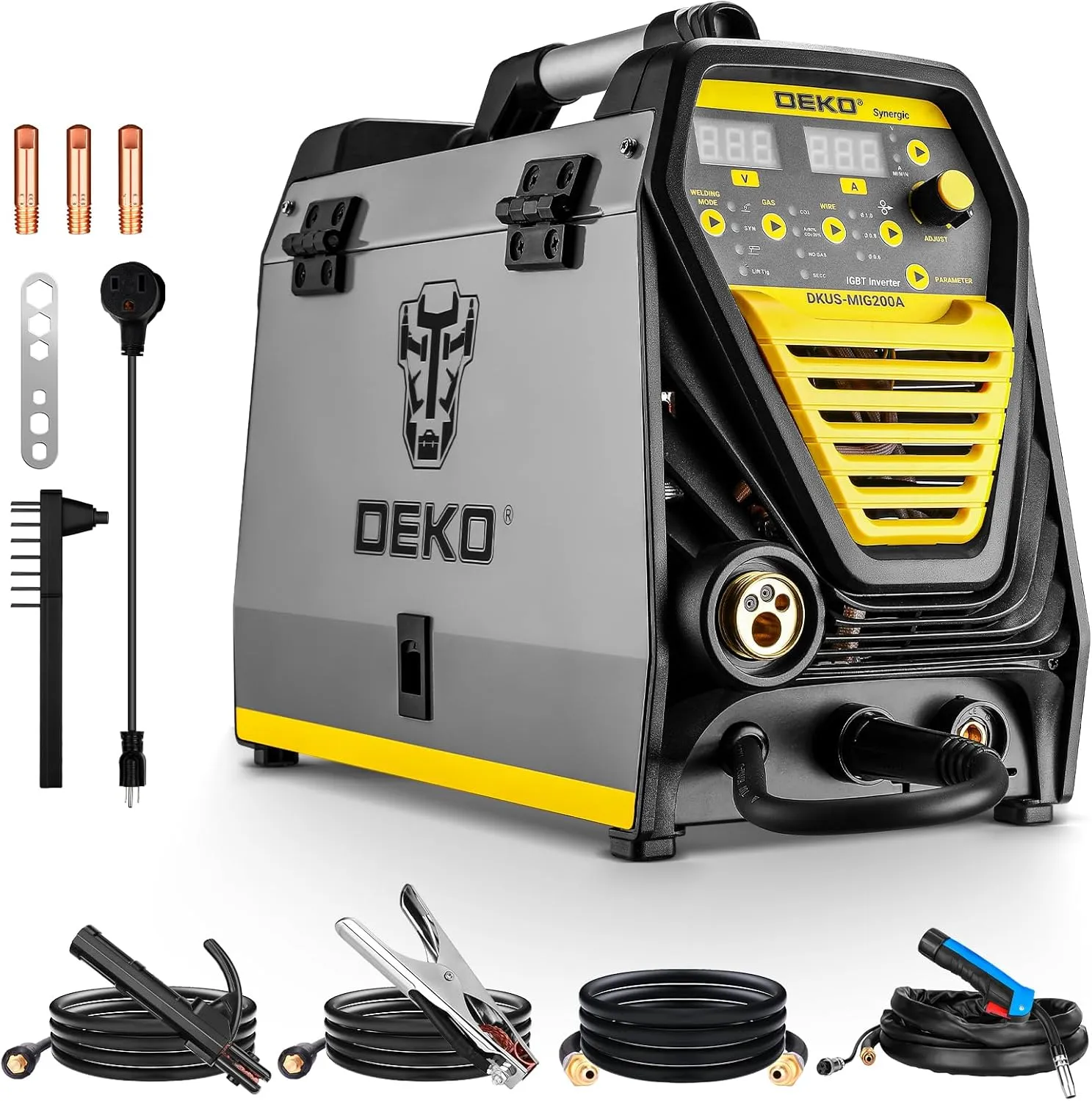 DEKO Digital 200A MIG/MMA Welder, SYNERGIC DC Inverter Welding Machine,110V/220V Fully Digitally Control with Wire Brush,Earthing Cable,Electrode Holder,Welding Gun,Digital Panel