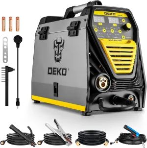 DEKO Digital 200A MIG/MMA Welder, SYNERGIC DC Inverter Welding Machine,110V/220V Fully Digitally Control with Wire Brush,Earthing Cable,Electrode Holder,Welding Gun,Digital Panel