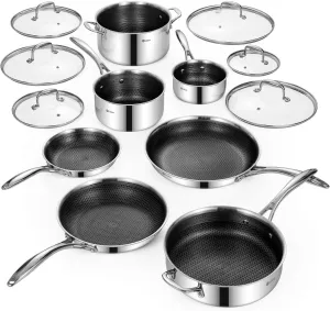Deluxe 13 Piece Hybrid Ceramic Nonstick Stainless Steel Cookware Set-5 Piece Frying Pan Set, 6 PC Pot Set, 3.7QT Deep Sauté Pan&Lid, Induction Ready, Stay Cool, PFOA Free Compatible with All Cooktops