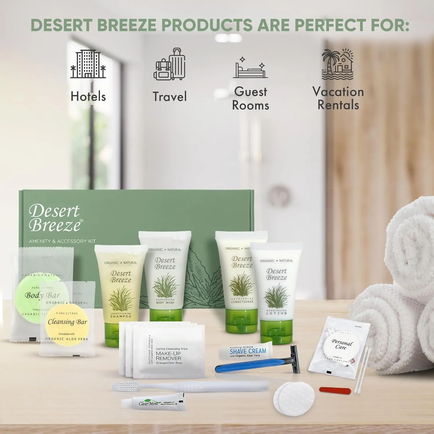 Desert Breeze Amenity & Accessory Kit | 1 oz Travel Size Shampoo, Conditioner, Lotion, Body Wash, Body Bar, Cleansing Bar, Shave & Dental Sets, Make-Up Remover Wipes, & Vanity Kit | 15 sets per case
