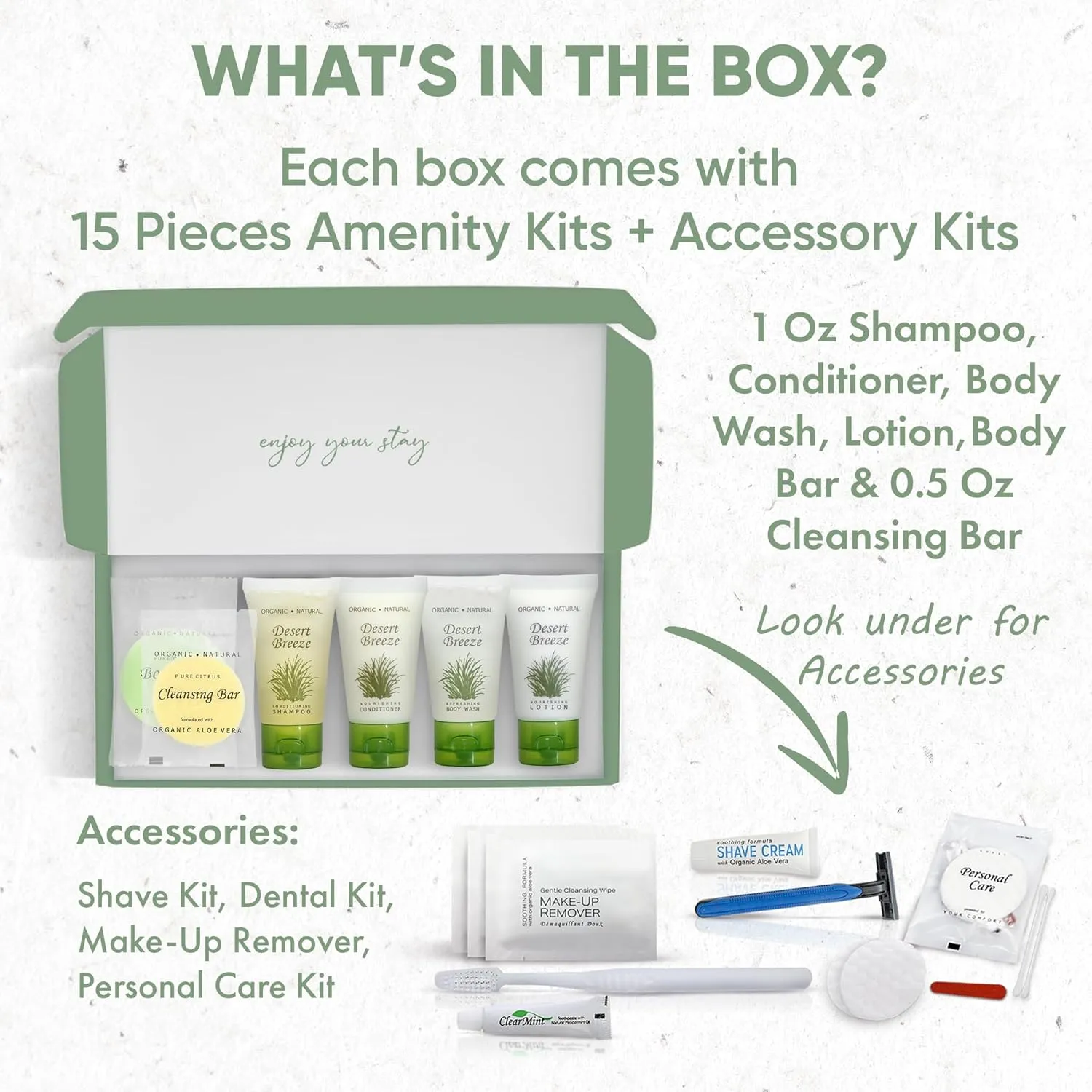 Desert Breeze Amenity & Accessory Kit | 1 oz Travel Size Shampoo, Conditioner, Lotion, Body Wash, Body Bar, Cleansing Bar, Shave & Dental Sets, Make-Up Remover Wipes, & Vanity Kit | 15 sets per case