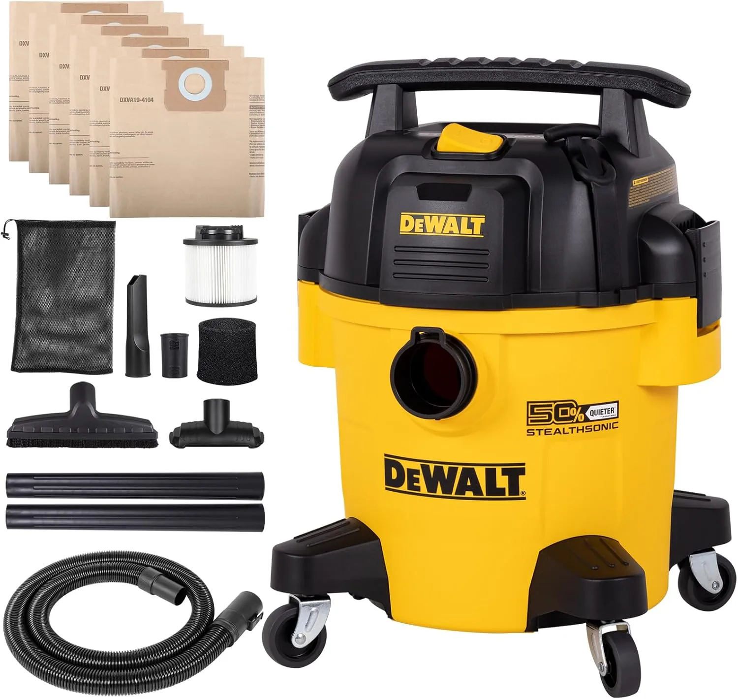 DEWALT Stealthsonic Shop Vacuum Wet and Dry, 5 Gal 4 HP Ultra-Quiet Vacuum Cleaner with Complete Accessory Kit and 6 Bonus Dust Bages - Ideal for Home, Jobsite, Workshop, Garage, Car DXV05P-QTA