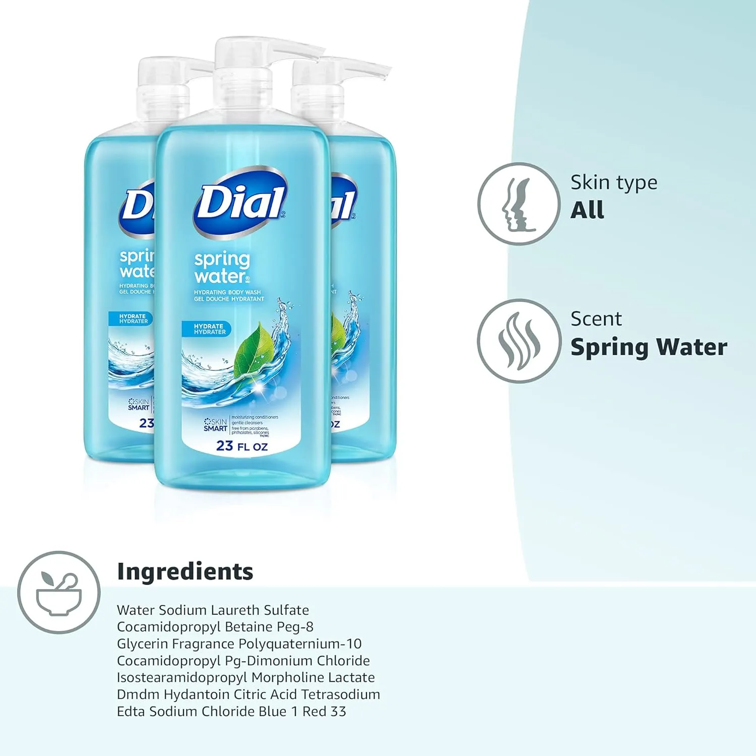 Dial Body Wash, Refresh & Renew Spring Water, 23 fl oz (Pack of 3)