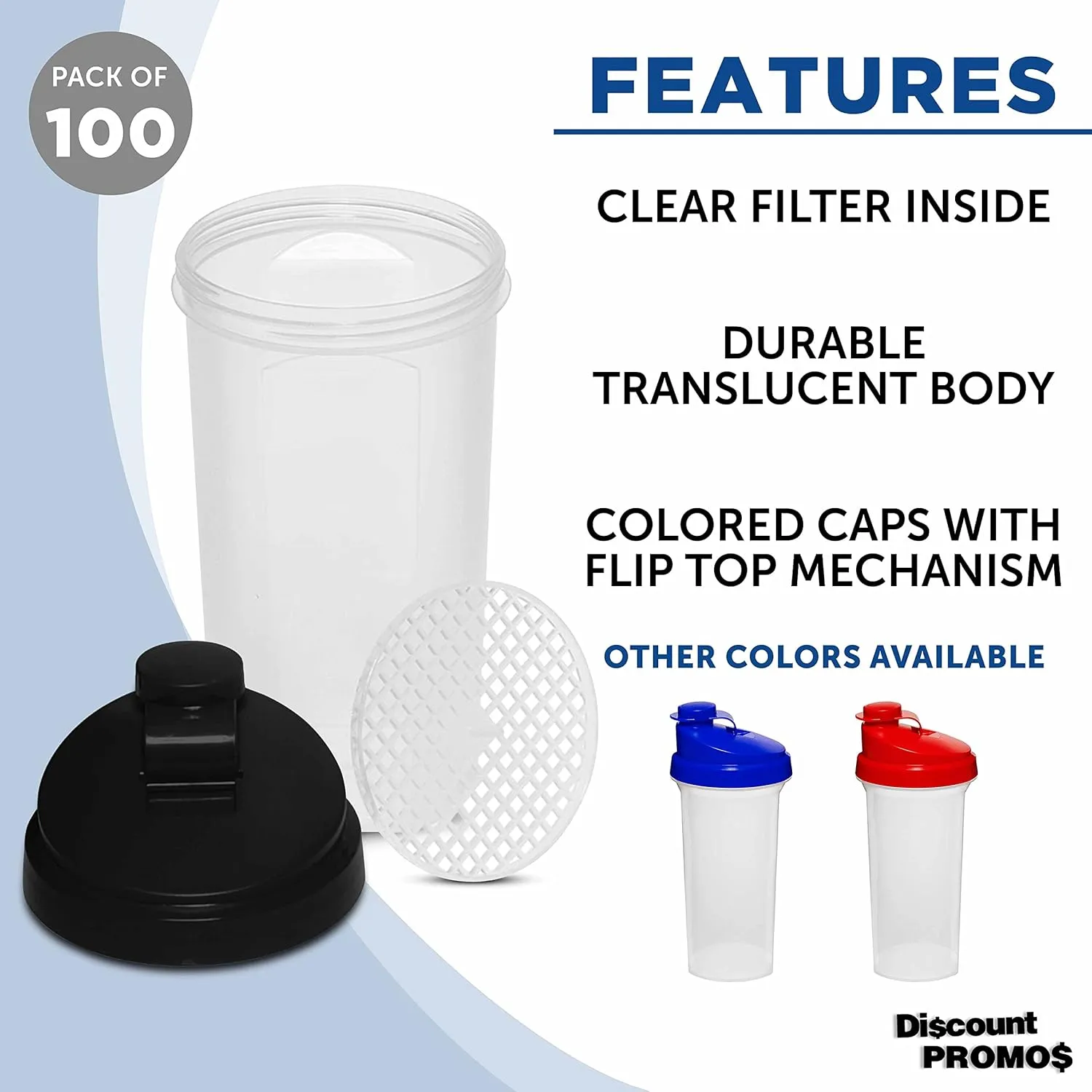 DISCOUNT PROMOS Custom Plastic Shaker Bottles 25 oz. Set of 100, Personalized Bulk Pack - Protein Mixer Cup with Flip Top Lid, BPA Free - Black