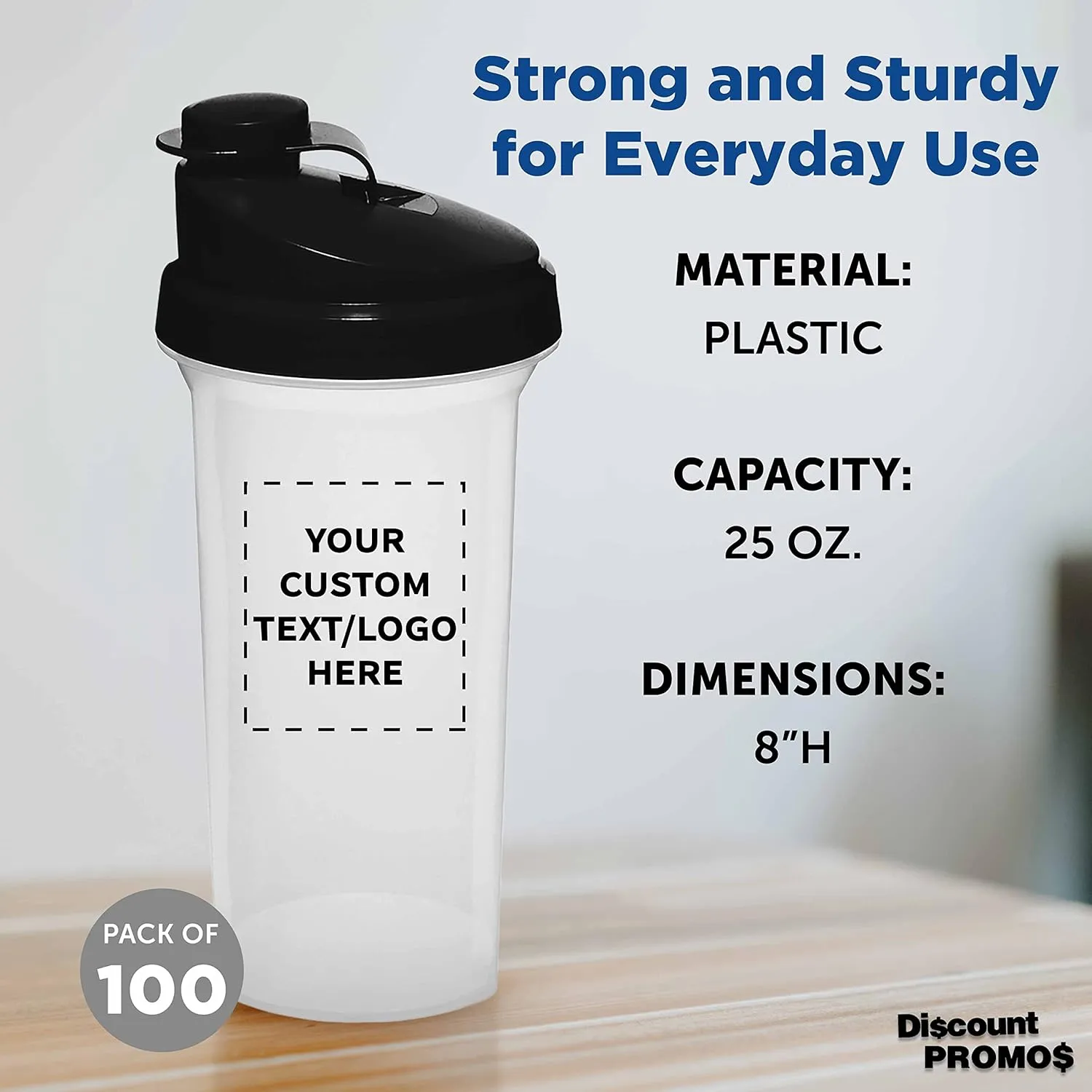 DISCOUNT PROMOS Custom Plastic Shaker Bottles 25 oz. Set of 100, Personalized Bulk Pack - Protein Mixer Cup with Flip Top Lid, BPA Free - Black
