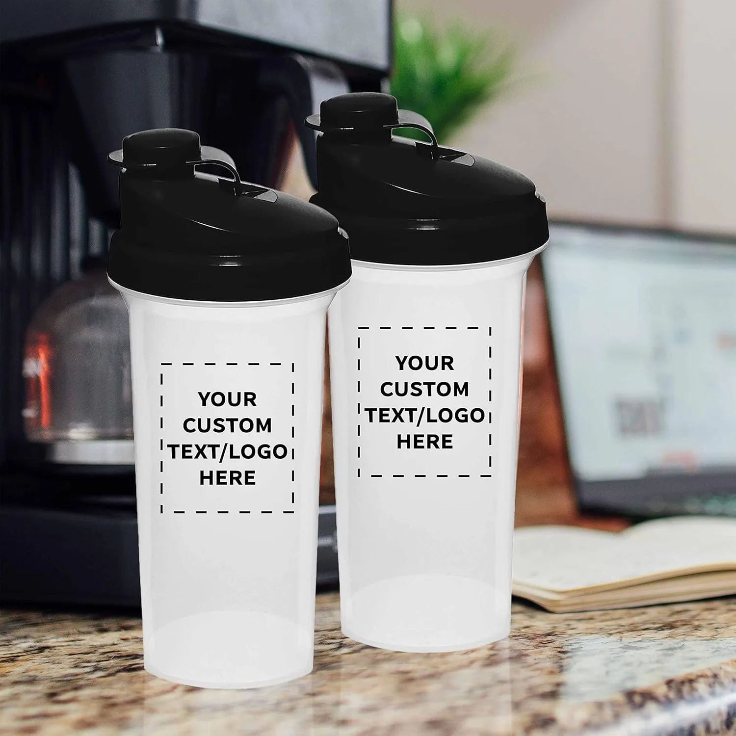 DISCOUNT PROMOS Custom Plastic Shaker Bottles 25 oz. Set of 100, Personalized Bulk Pack - Protein Mixer Cup with Flip Top Lid, BPA Free - Black