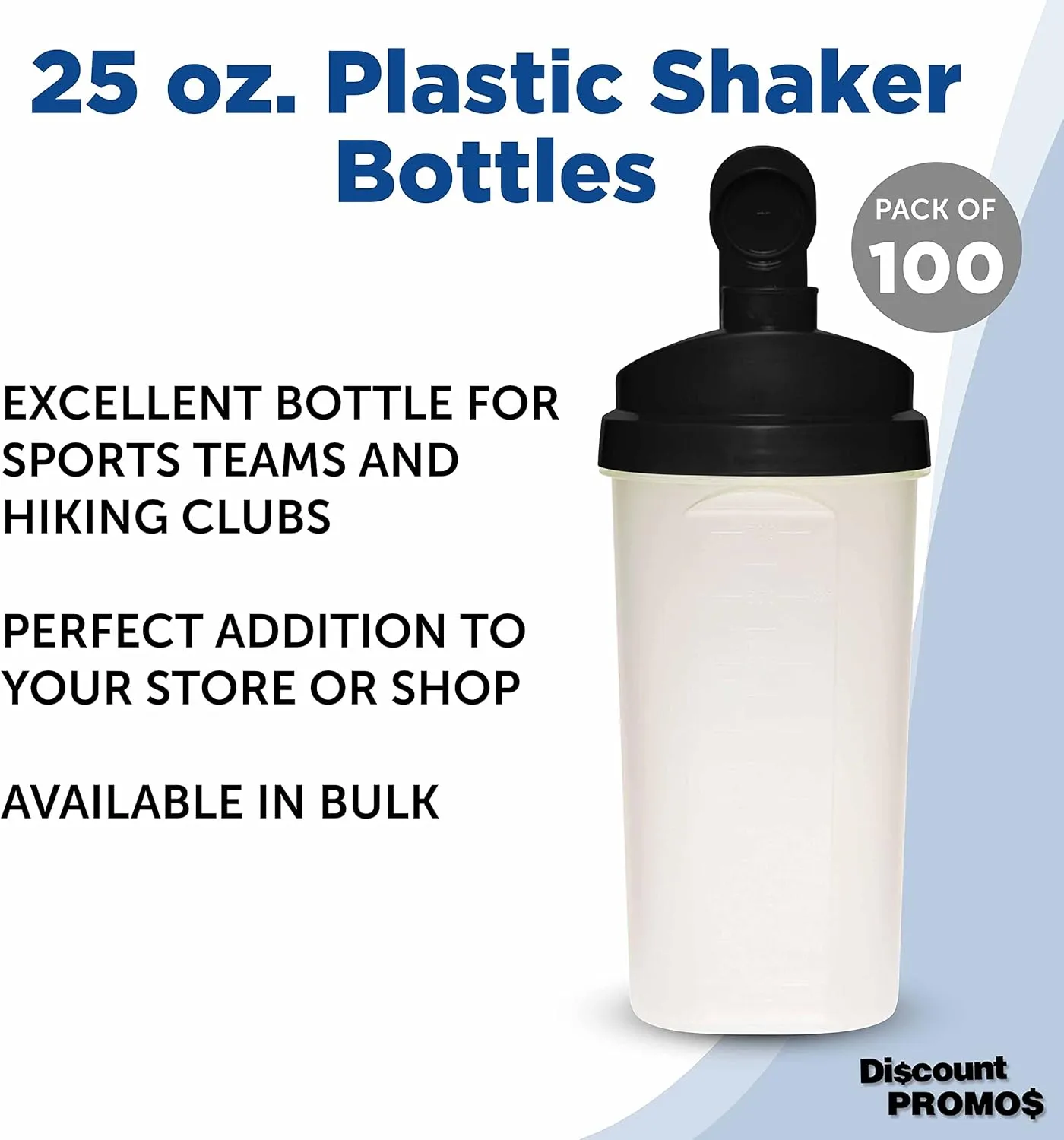 DISCOUNT PROMOS Custom Plastic Shaker Bottles 25 oz. Set of 100, Personalized Bulk Pack - Protein Mixer Cup with Flip Top Lid, BPA Free - Black