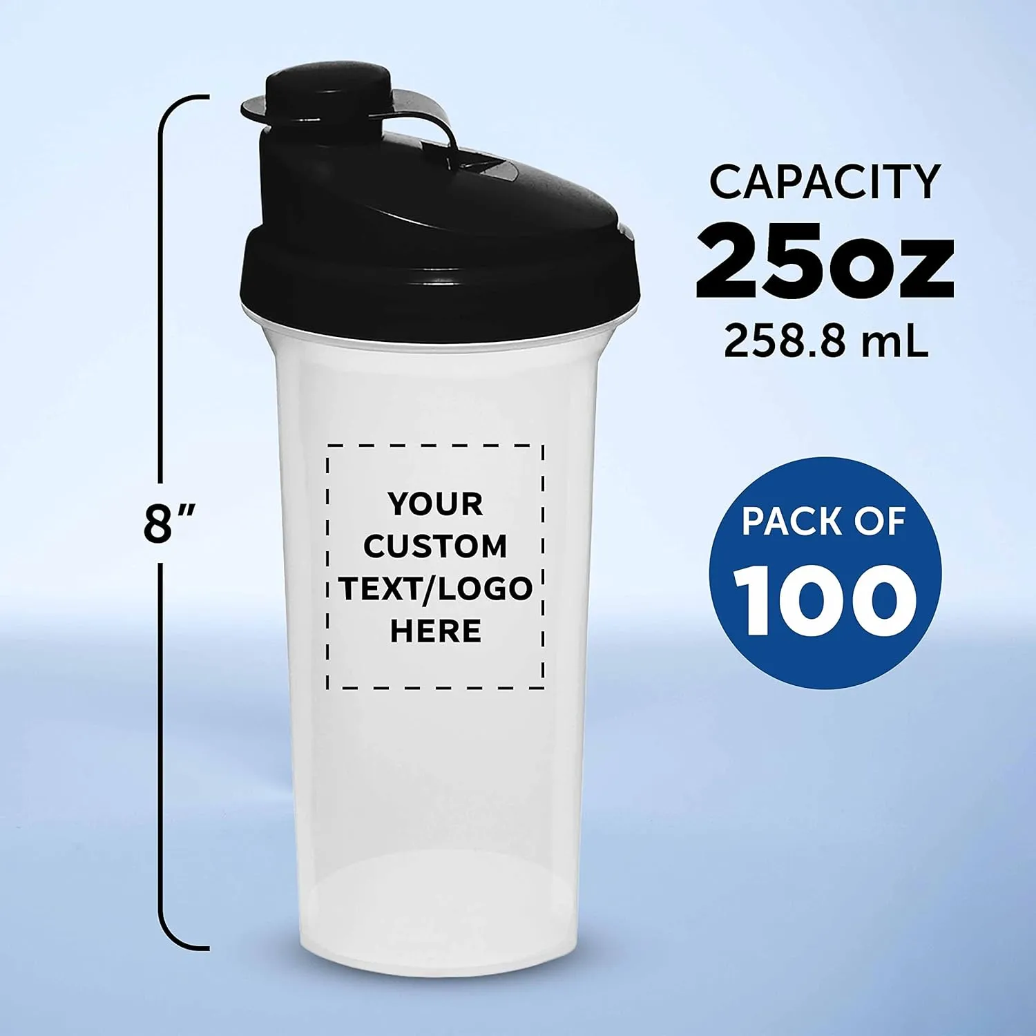 DISCOUNT PROMOS Custom Plastic Shaker Bottles 25 oz. Set of 100, Personalized Bulk Pack - Protein Mixer Cup with Flip Top Lid, BPA Free - Black