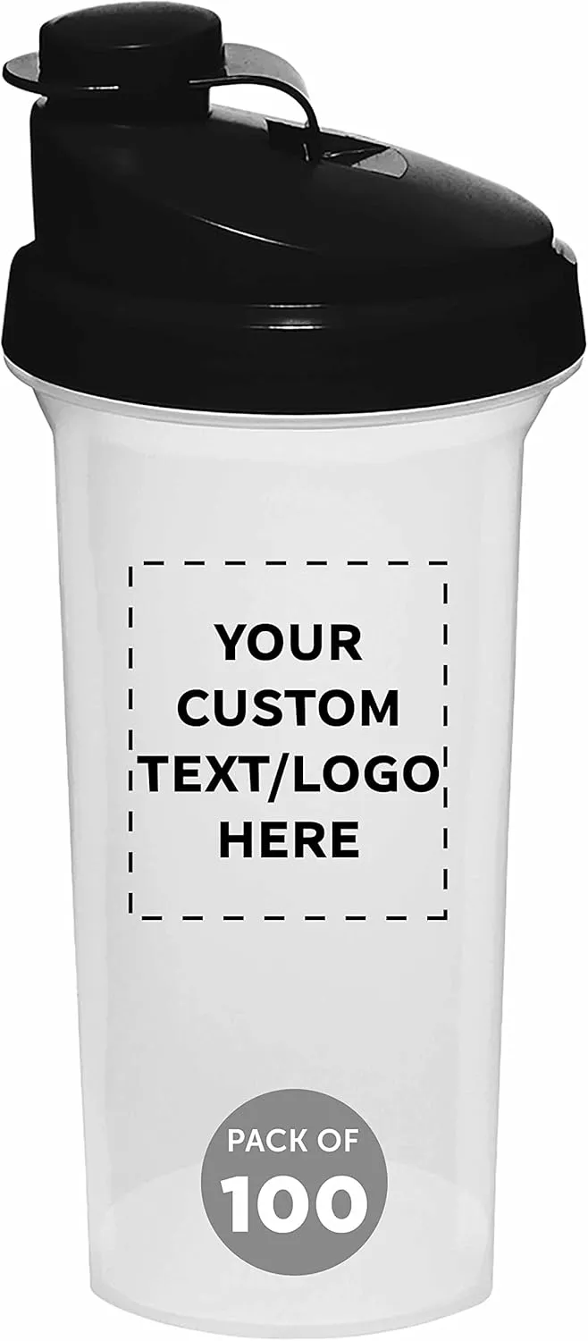 DISCOUNT PROMOS Custom Plastic Shaker Bottles 25 oz. Set of 100, Personalized Bulk Pack - Protein Mixer Cup with Flip Top Lid, BPA Free - Black