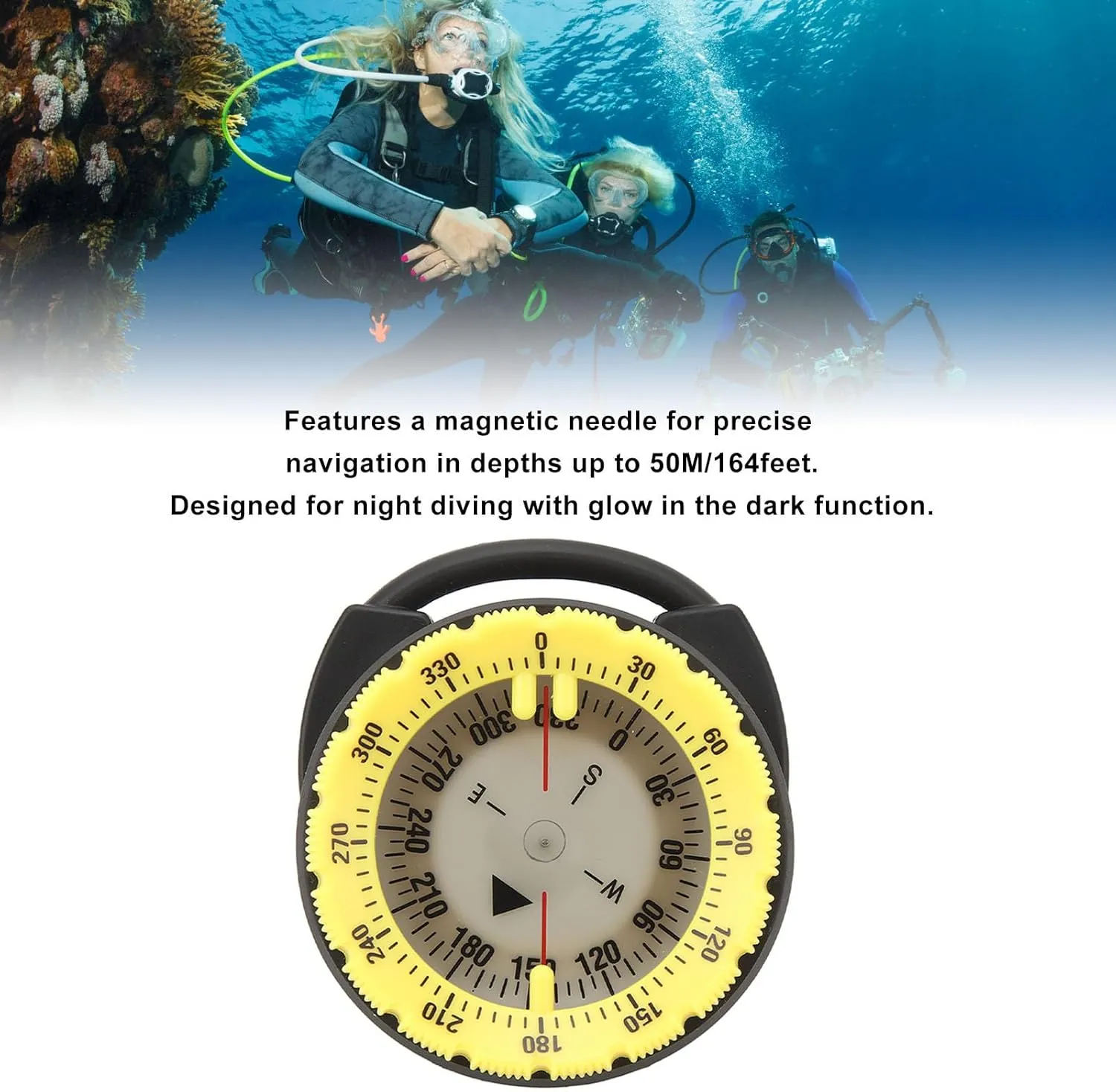 Diving Compass, 50M Underwater Luminous Magnetic Waterproof Pipe Clamp Dive Compass for Scuba Diving Water Sports Diving Adventures