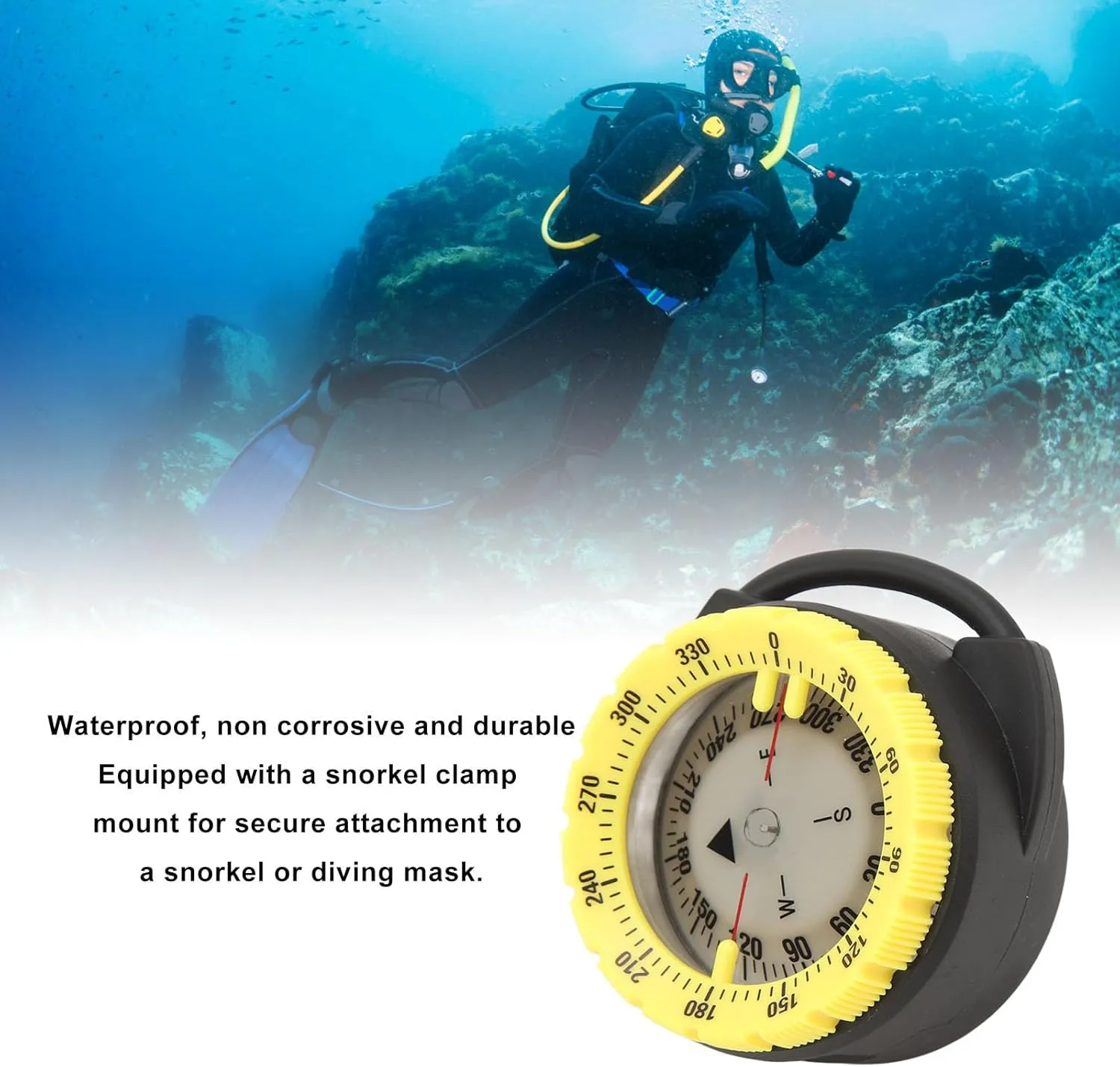 Diving Compass, 50M Underwater Luminous Magnetic Waterproof Pipe Clamp Dive Compass for Scuba Diving Water Sports Diving Adventures