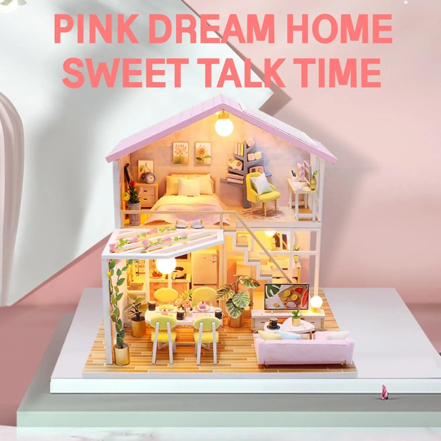 DIY Miniature House Kit, Tiny House Kit with Furniture & LED, DIY Wooden Dollhouse Miniature Kit for Adults Teen, Wooden Crafts Lovely Dollhouse Kit, Home Decor - Sweet Time
