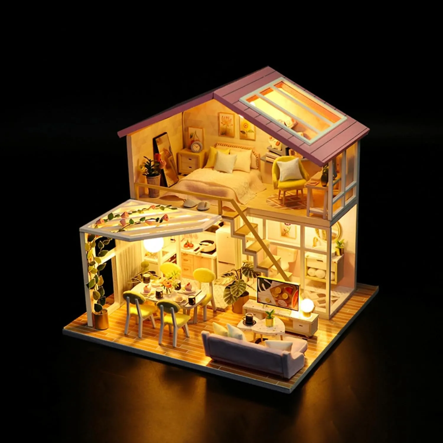 DIY Miniature House Kit, Tiny House Kit with Furniture & LED, DIY Wooden Dollhouse Miniature Kit for Adults Teen, Wooden Crafts Lovely Dollhouse Kit, Home Decor - Sweet Time